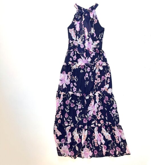 Eliza J Floral‎ Halter Ruffle Maxi Dress Navy Pink Flower Dress 2 - Picture 6 of 9